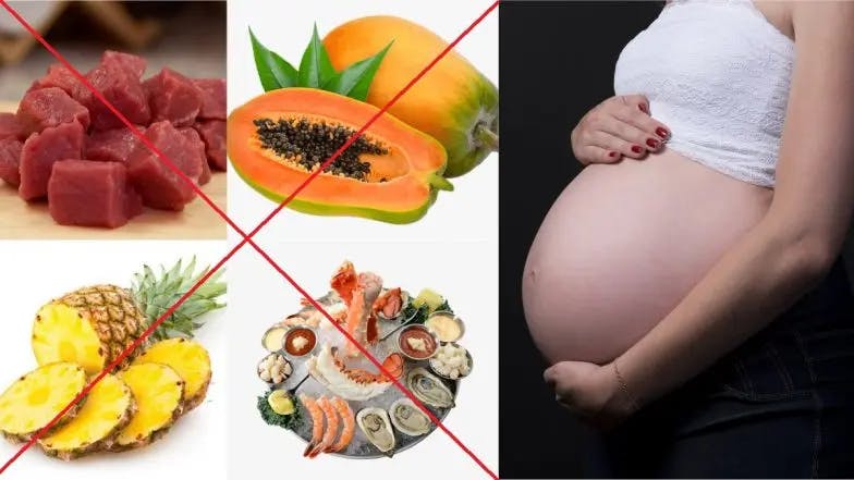 Pregnant woman looking at a plate of food with a question mark