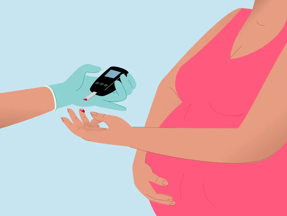 Pregnant woman checking blood sugar with a glucometer