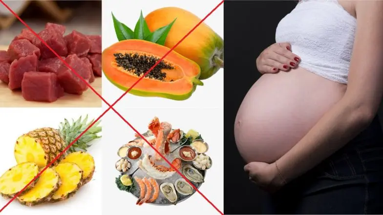 Pregnant woman looking at a plate of food with a question mark